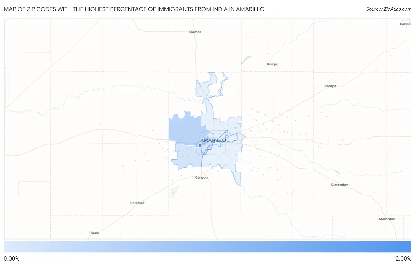 Zip Codes with the Highest Percentage of Immigrants from India in Amarillo Map