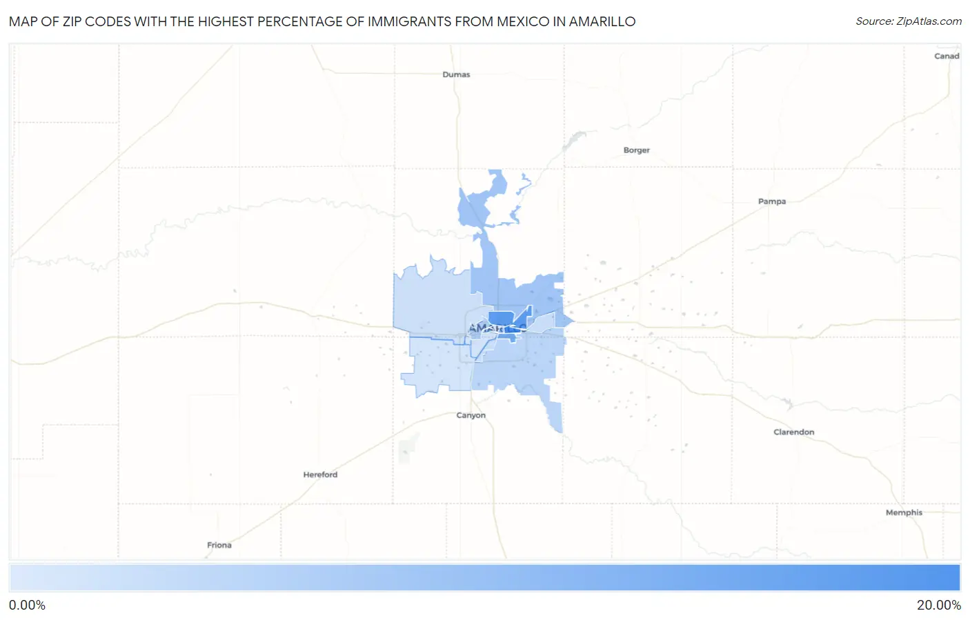 Zip Codes with the Highest Percentage of Immigrants from Mexico in Amarillo Map