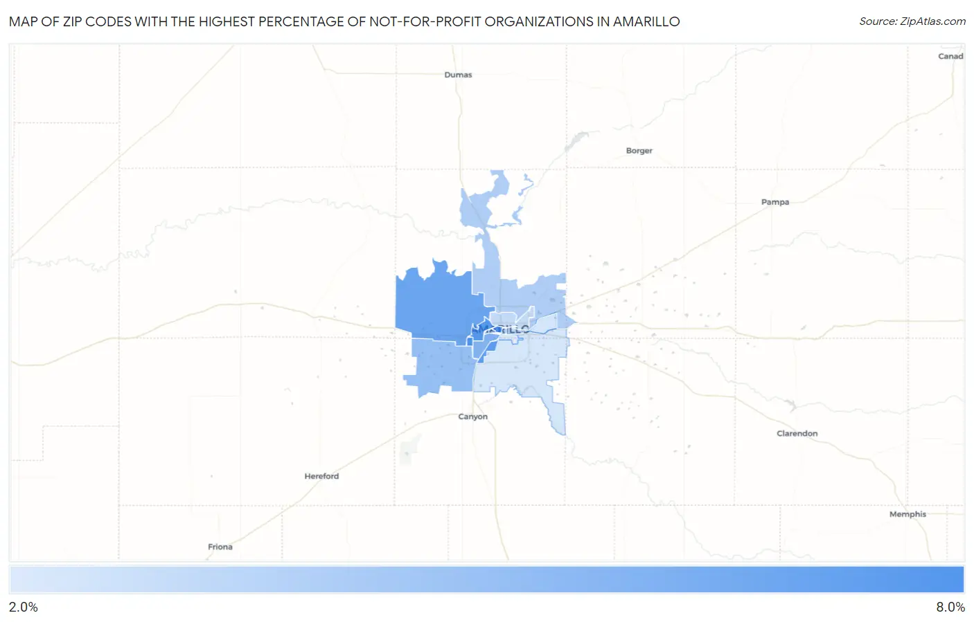 Zip Codes with the Highest Percentage of Not-for-profit Organizations in Amarillo Map