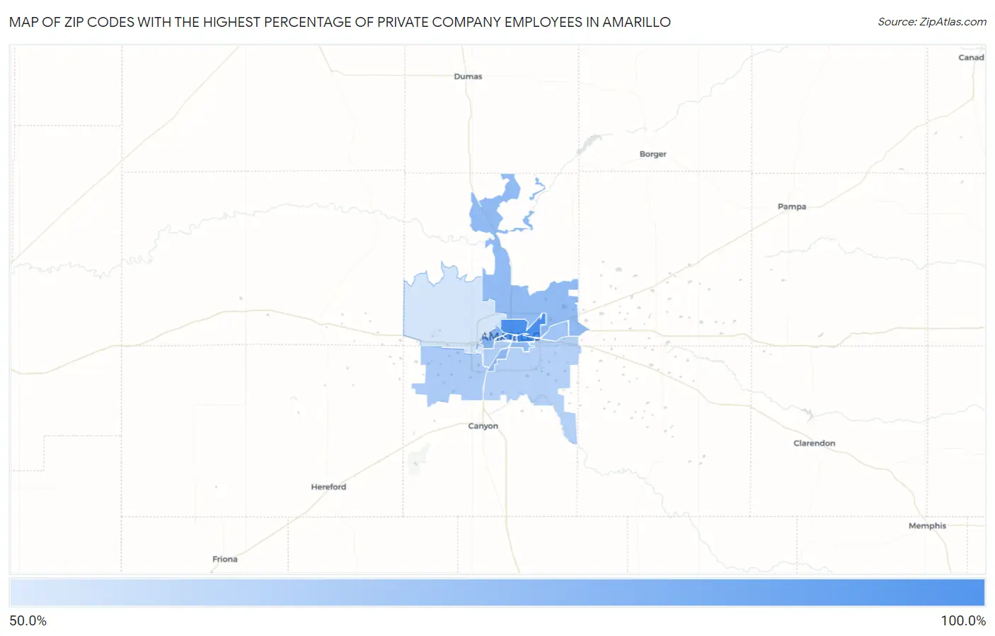 Zip Codes with the Highest Percentage of Private Company Employees in Amarillo Map