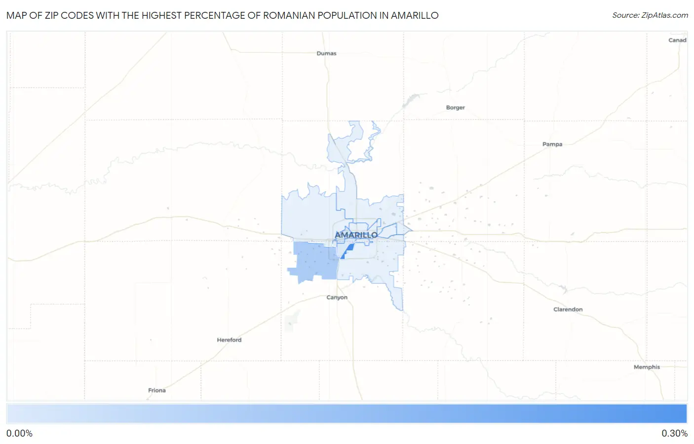Zip Codes with the Highest Percentage of Romanian Population in Amarillo Map