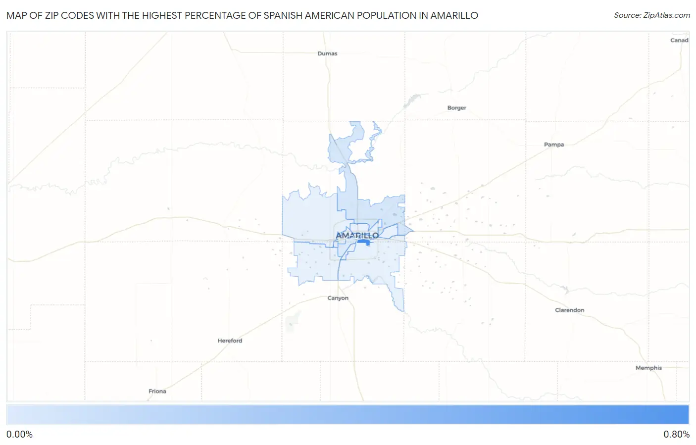 Zip Codes with the Highest Percentage of Spanish American Population in Amarillo Map