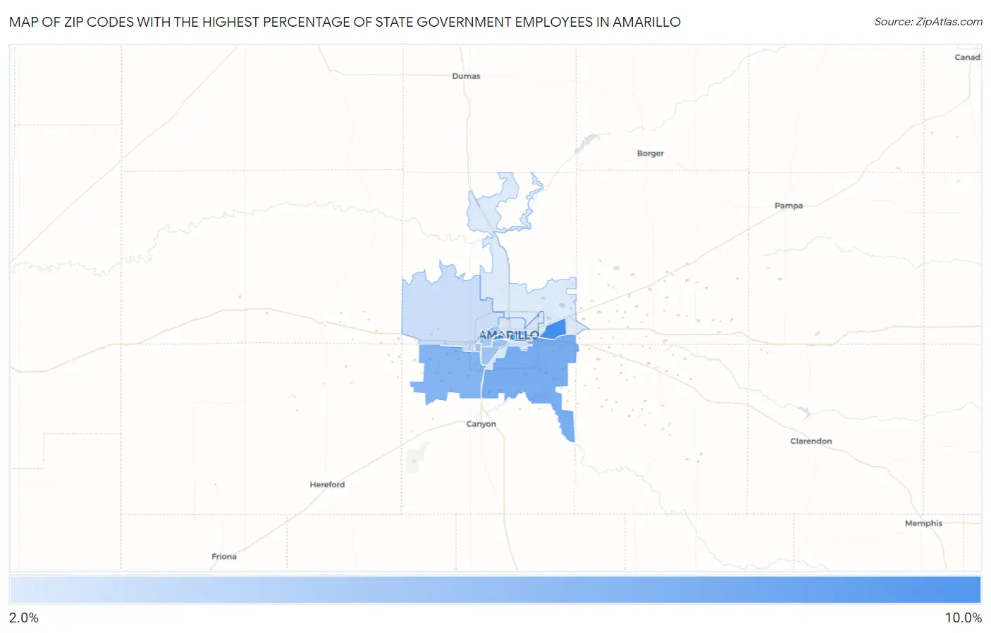 Zip Codes with the Highest Percentage of State Government Employees in Amarillo Map