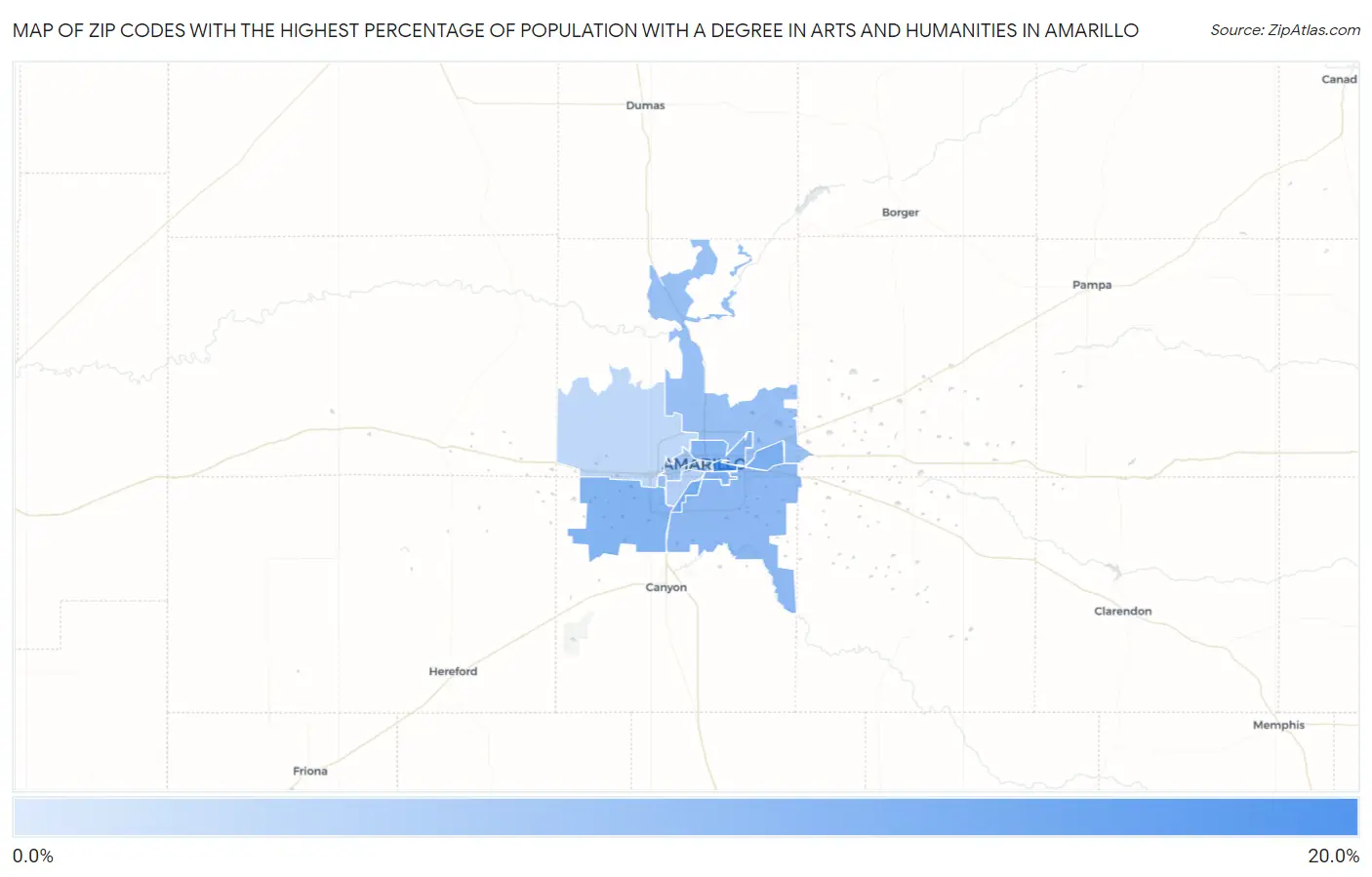 Zip Codes with the Highest Percentage of Population with a Degree in Arts and Humanities in Amarillo Map