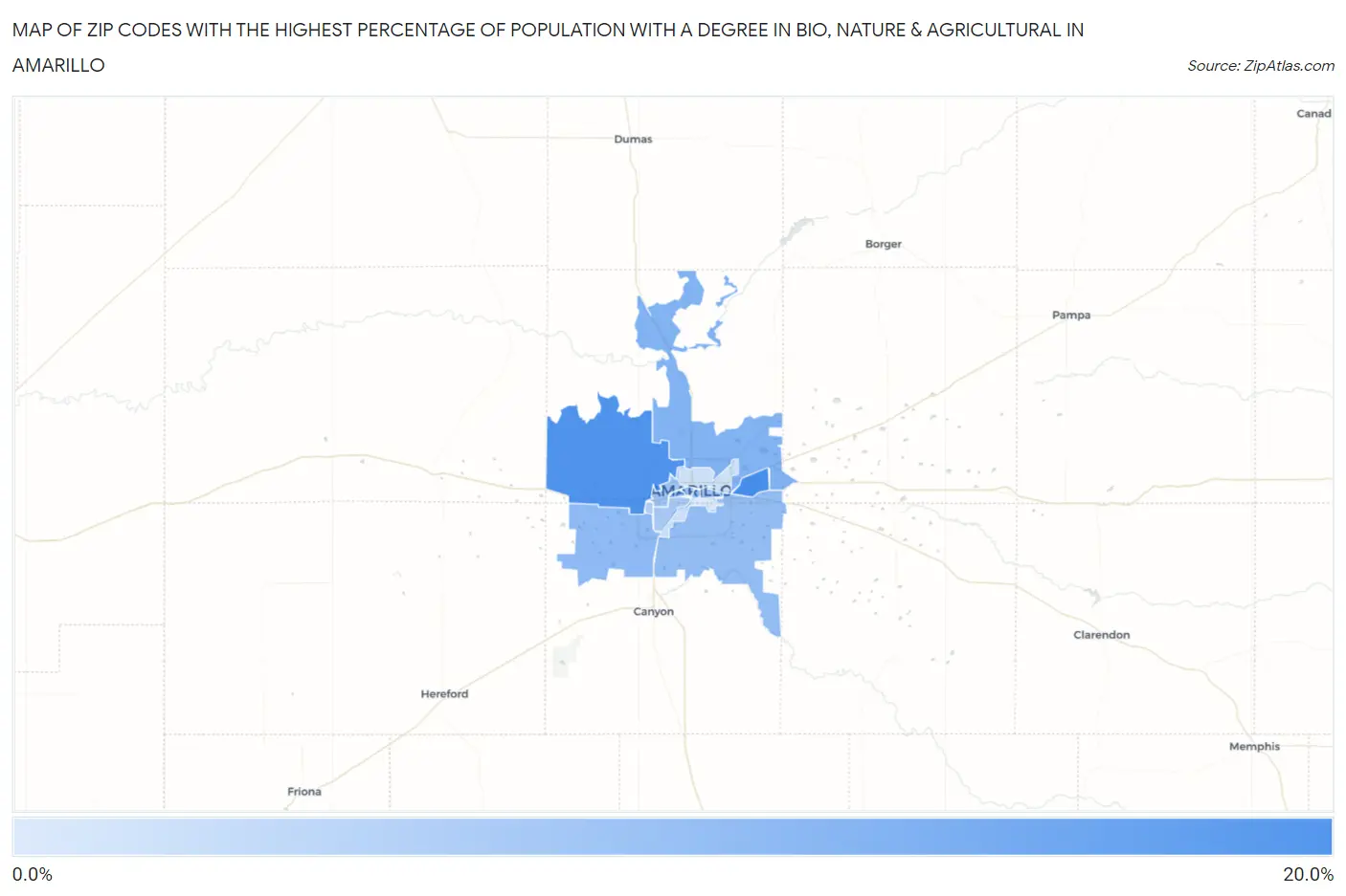 Zip Codes with the Highest Percentage of Population with a Degree in Bio, Nature & Agricultural in Amarillo Map