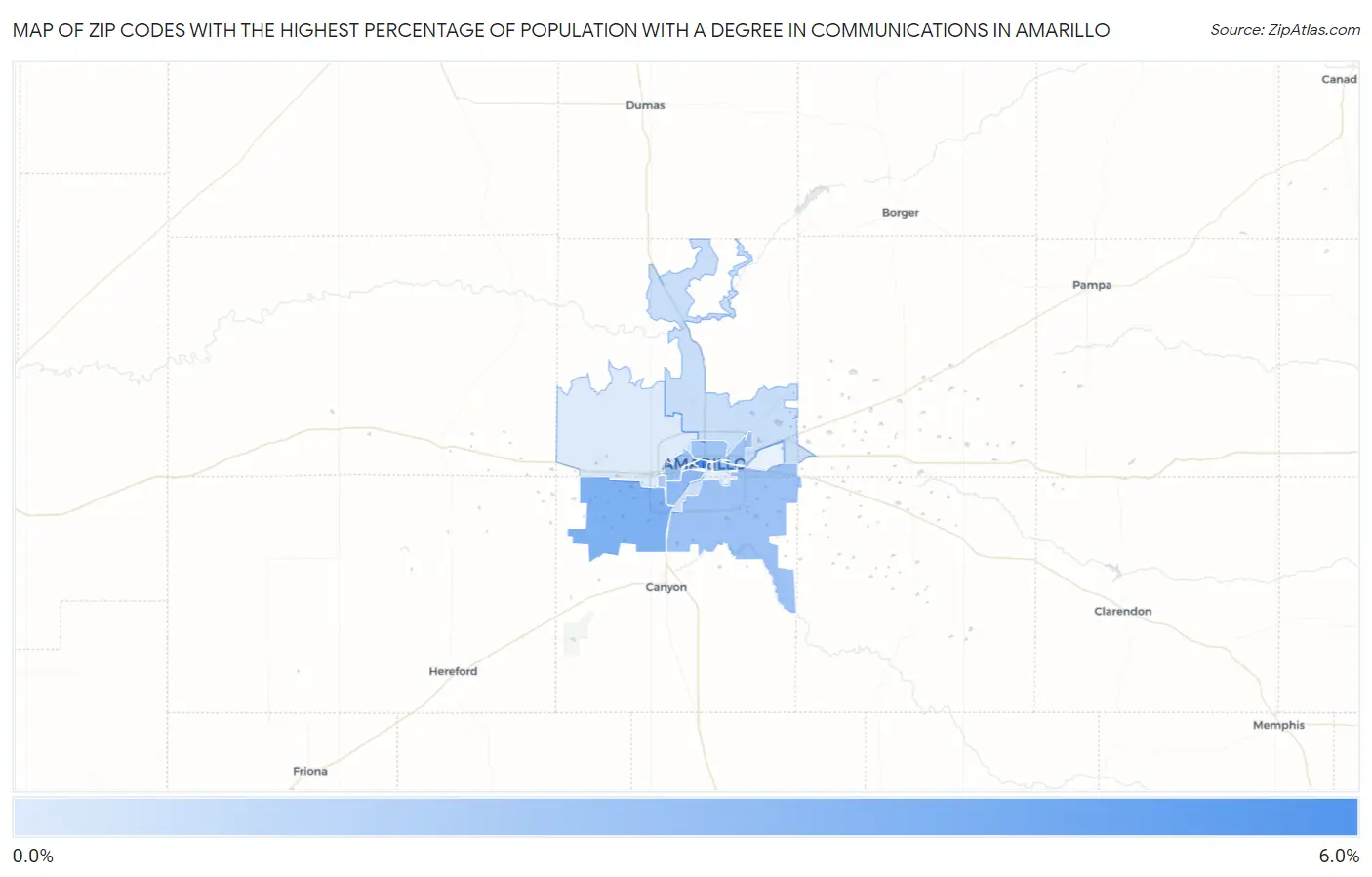 Zip Codes with the Highest Percentage of Population with a Degree in Communications in Amarillo Map