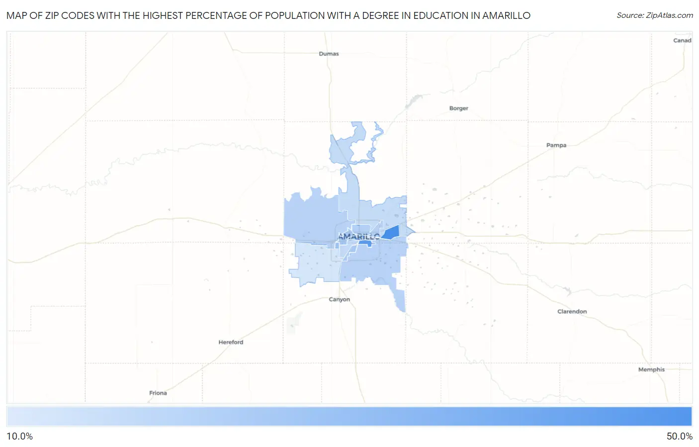 Zip Codes with the Highest Percentage of Population with a Degree in Education in Amarillo Map