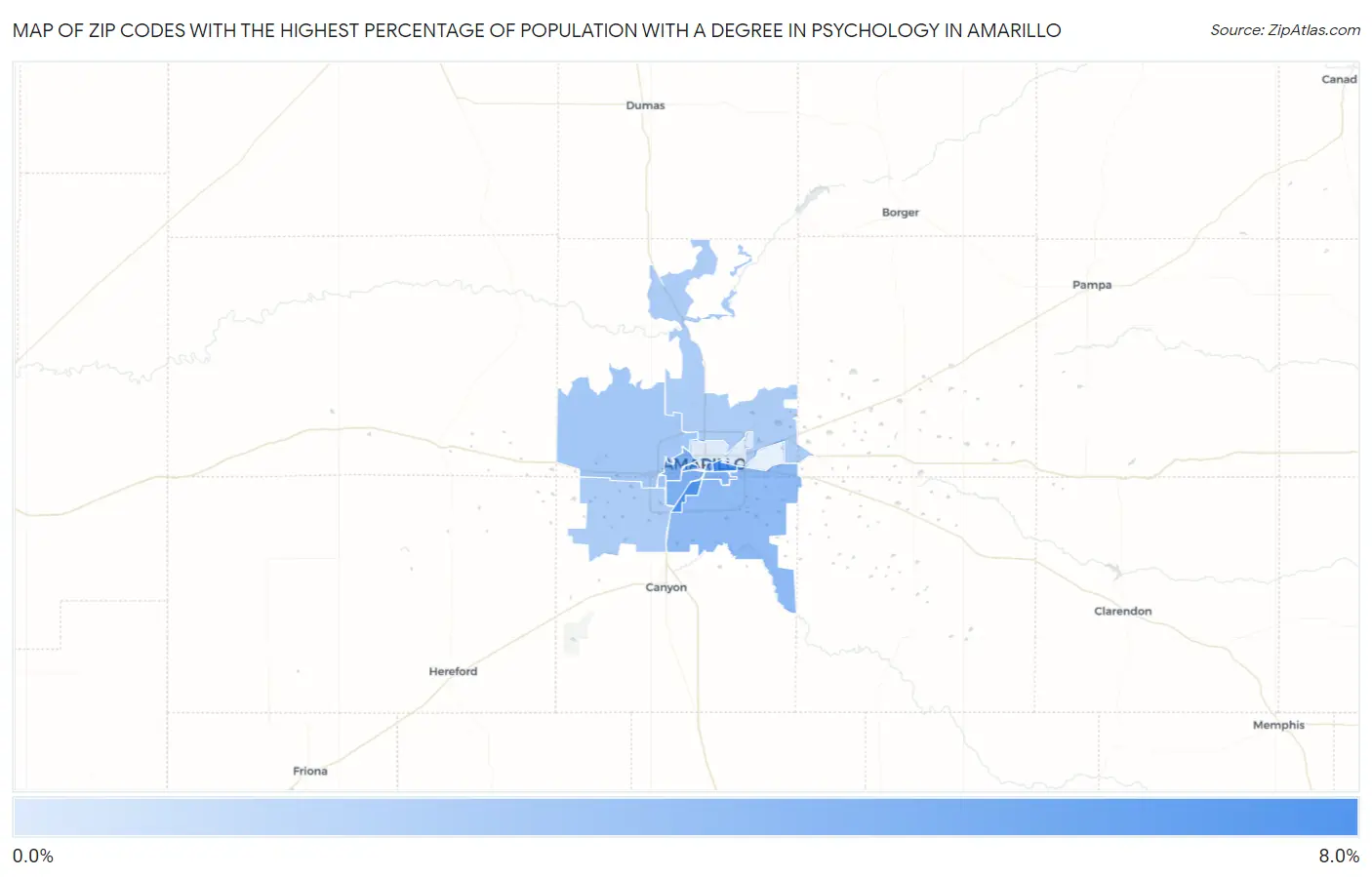 Zip Codes with the Highest Percentage of Population with a Degree in Psychology in Amarillo Map