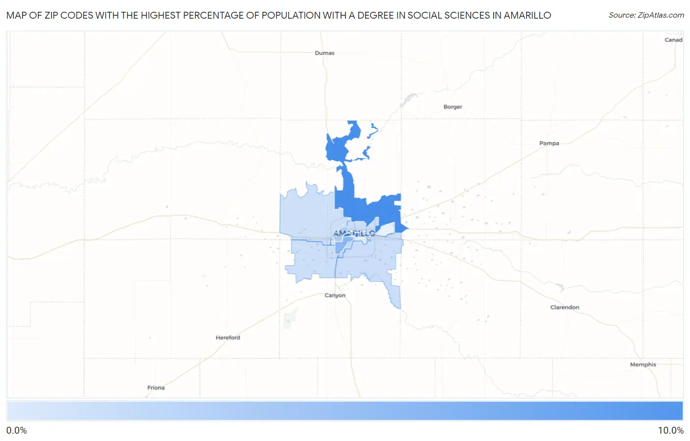 Zip Codes with the Highest Percentage of Population with a Degree in Social Sciences in Amarillo Map