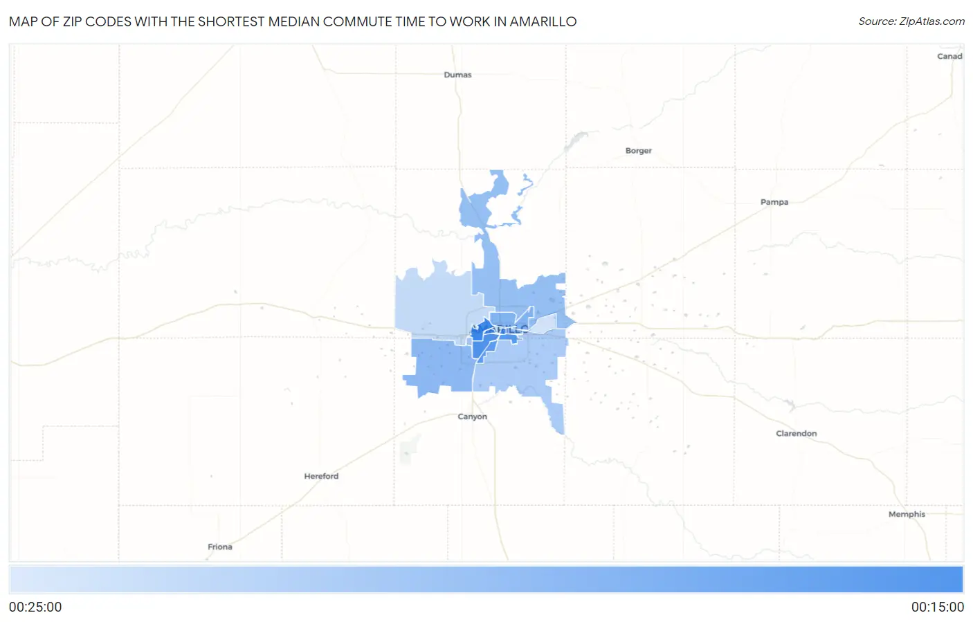 Zip Codes with the Shortest Median Commute Time to Work in Amarillo Map