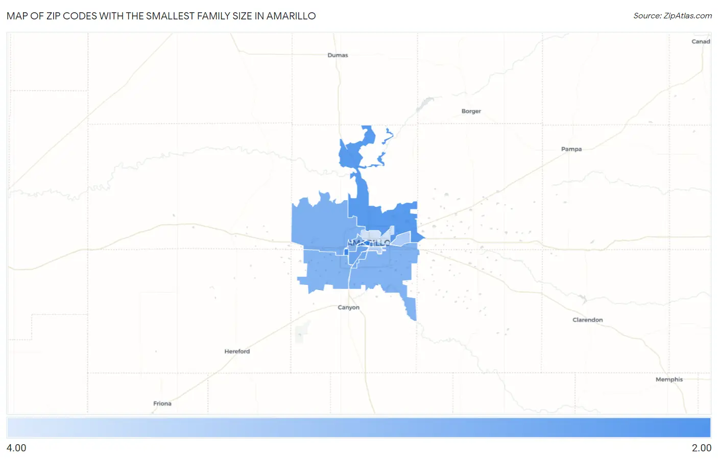 Zip Codes with the Smallest Family Size in Amarillo Map