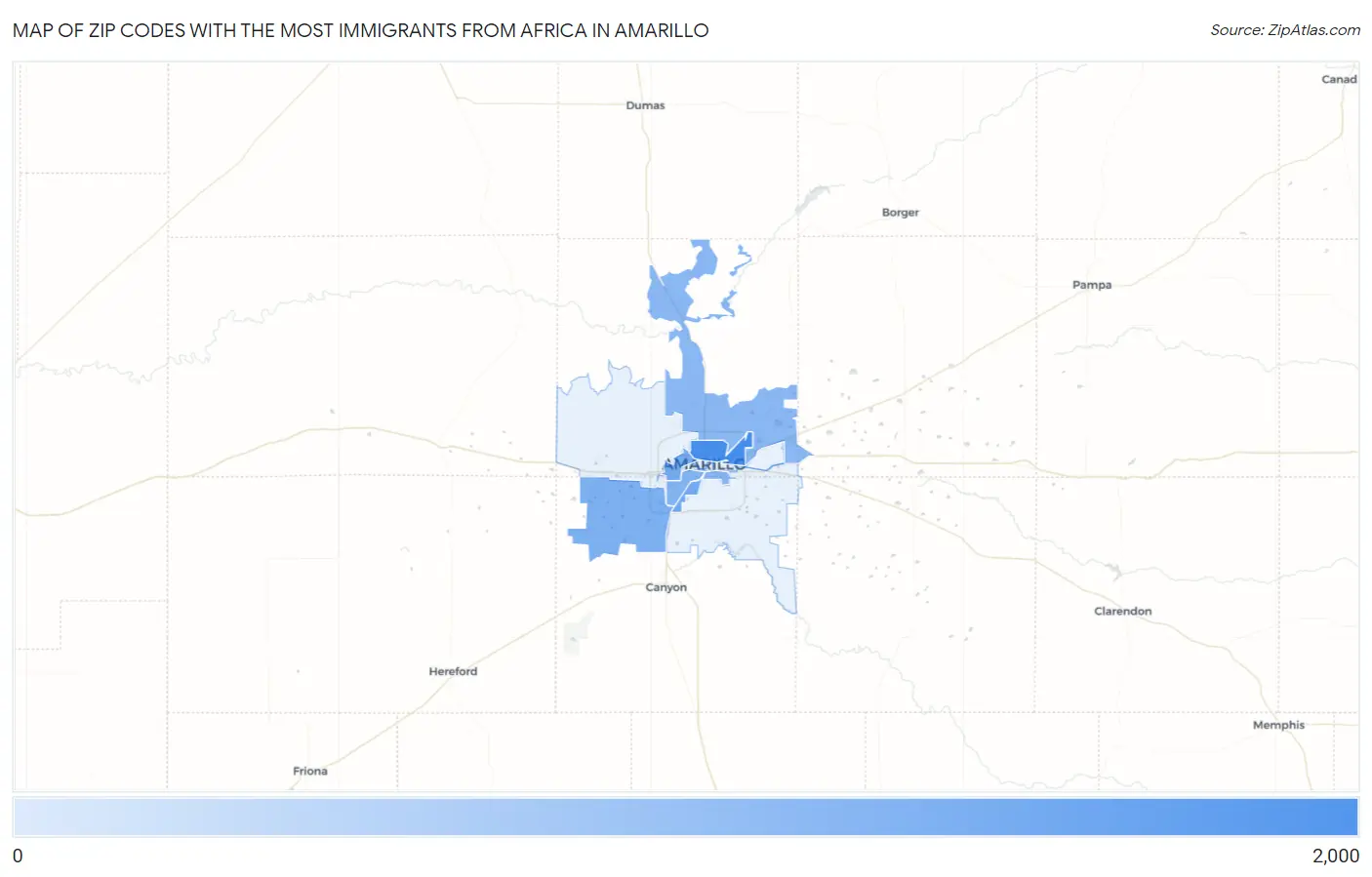 Zip Codes with the Most Immigrants from Africa in Amarillo Map