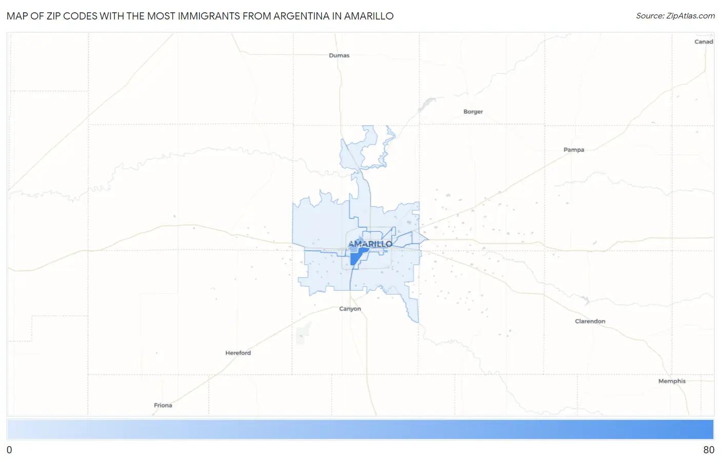 Zip Codes with the Most Immigrants from Argentina in Amarillo Map