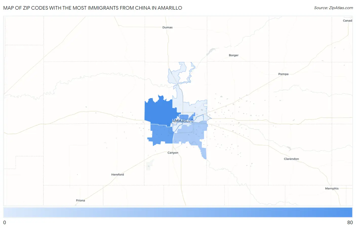 Zip Codes with the Most Immigrants from China in Amarillo Map