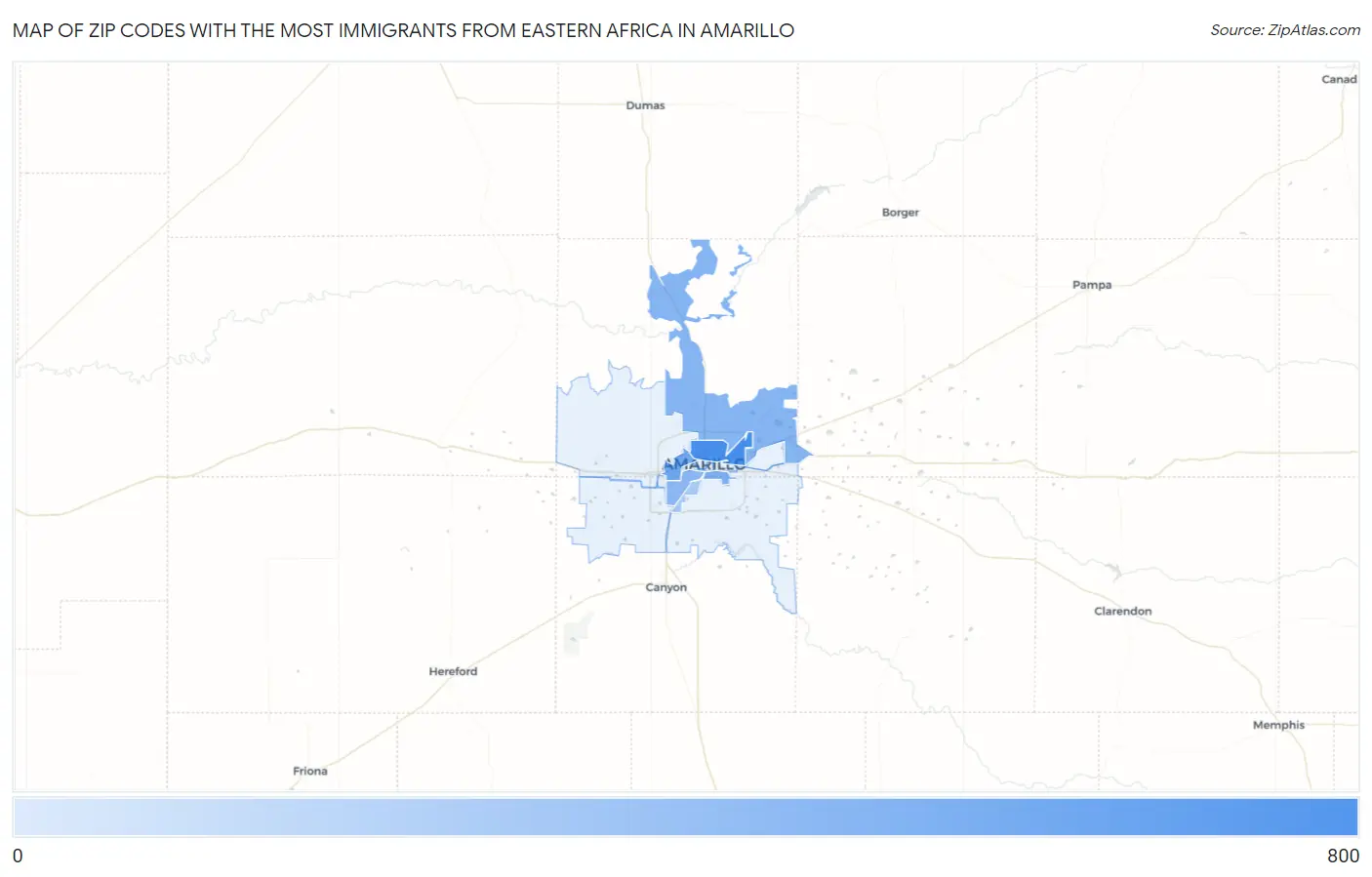 Zip Codes with the Most Immigrants from Eastern Africa in Amarillo Map