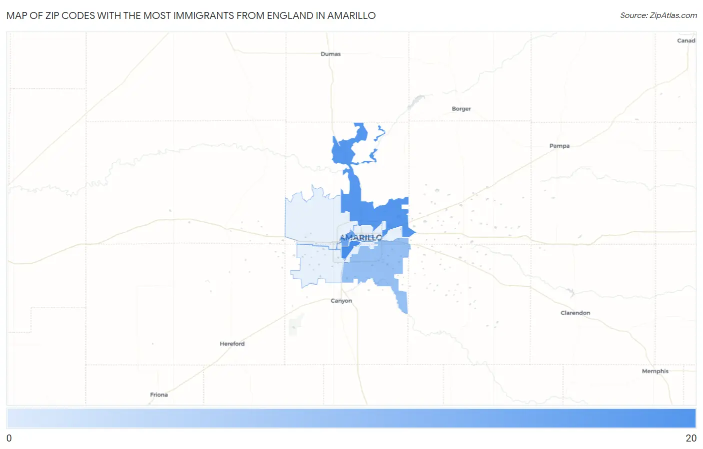 Zip Codes with the Most Immigrants from England in Amarillo Map