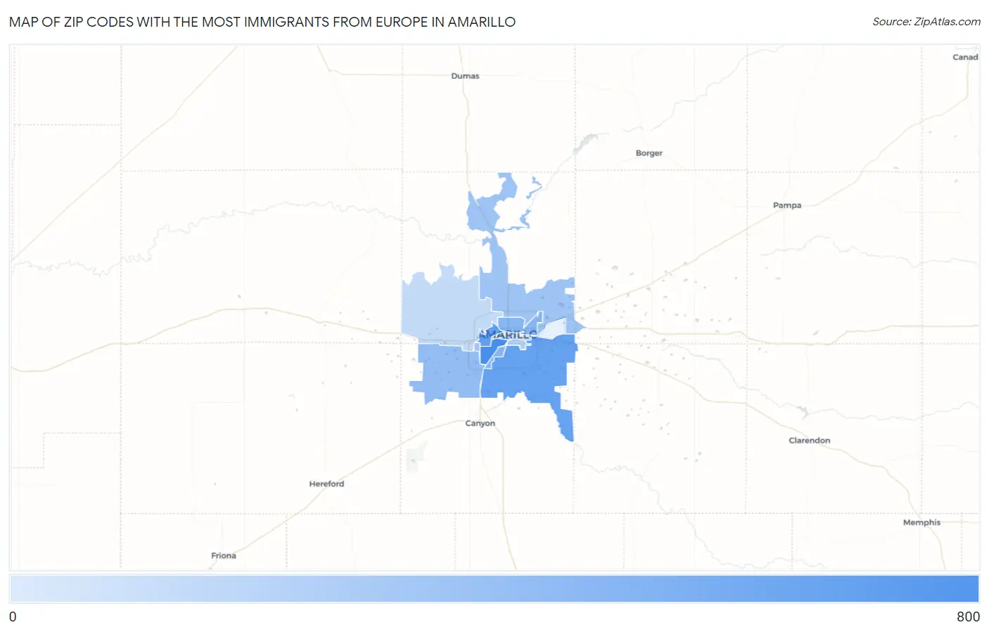 Zip Codes with the Most Immigrants from Europe in Amarillo Map