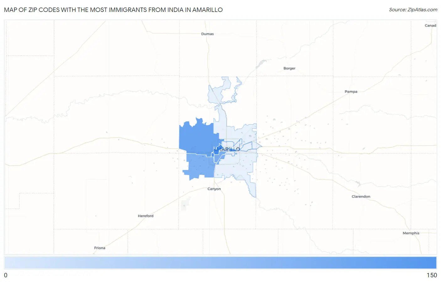 Zip Codes with the Most Immigrants from India in Amarillo Map