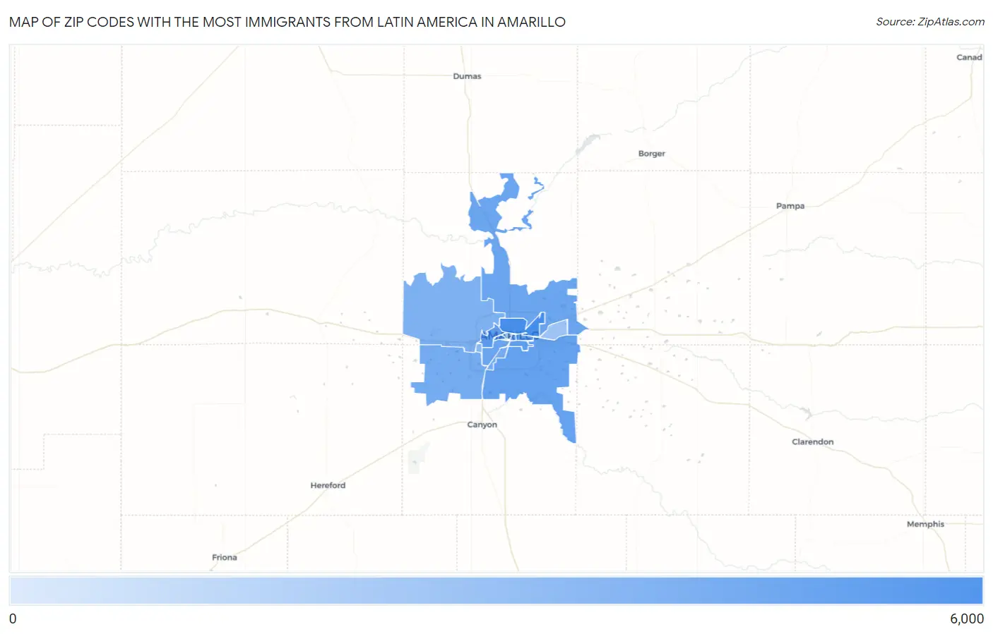Zip Codes with the Most Immigrants from Latin America in Amarillo Map