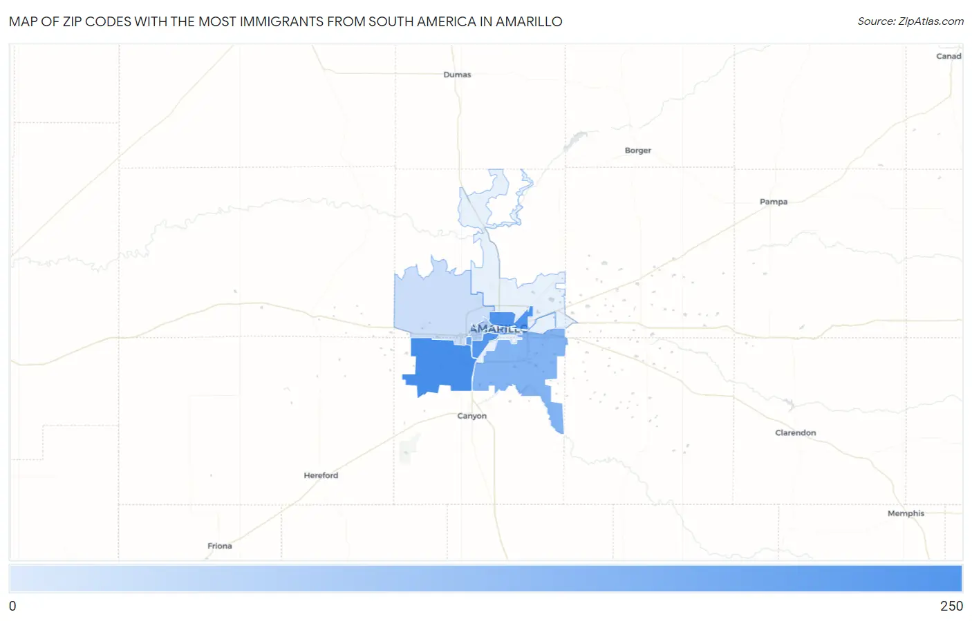Zip Codes with the Most Immigrants from South America in Amarillo Map