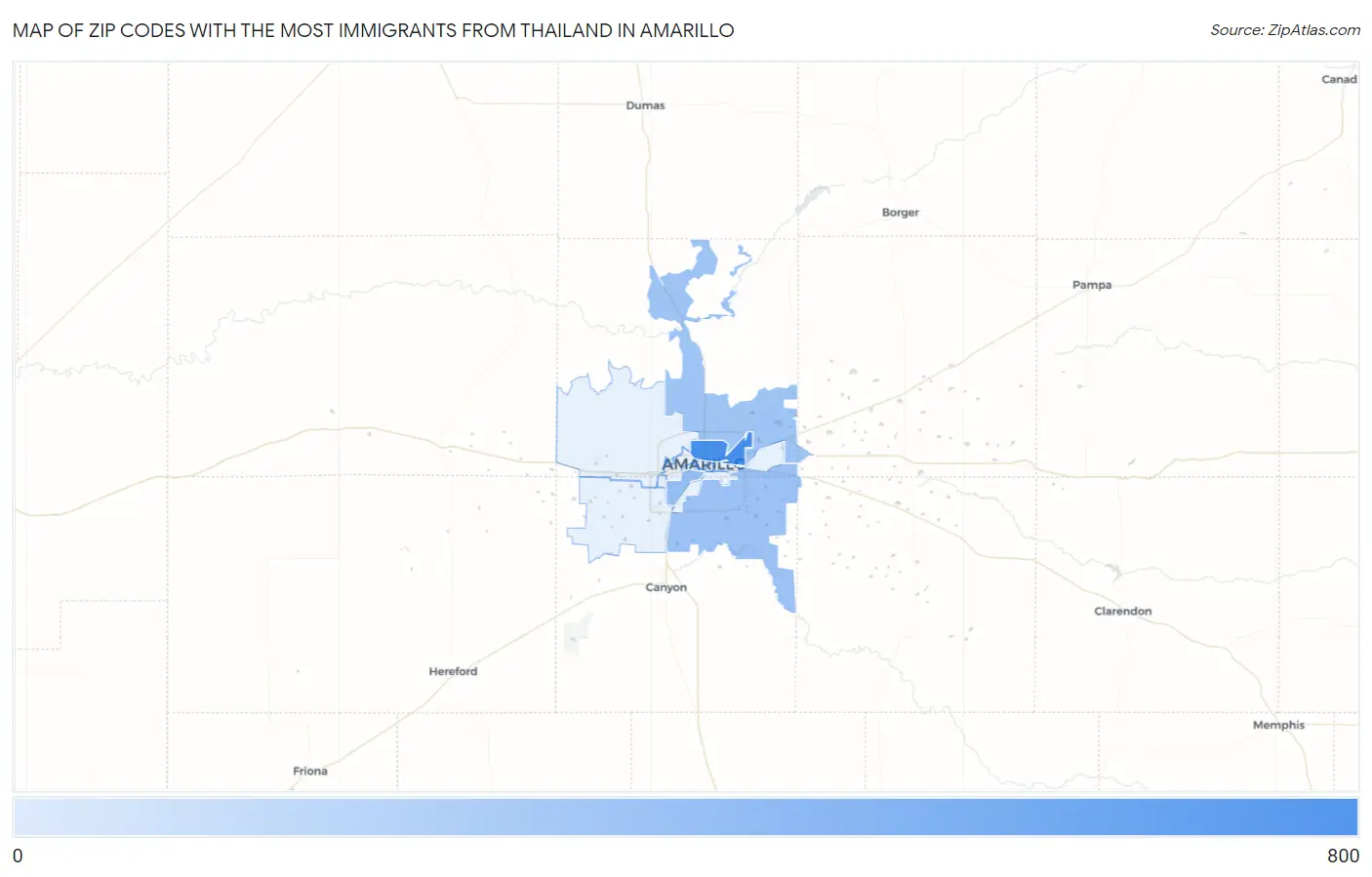 Zip Codes with the Most Immigrants from Thailand in Amarillo Map