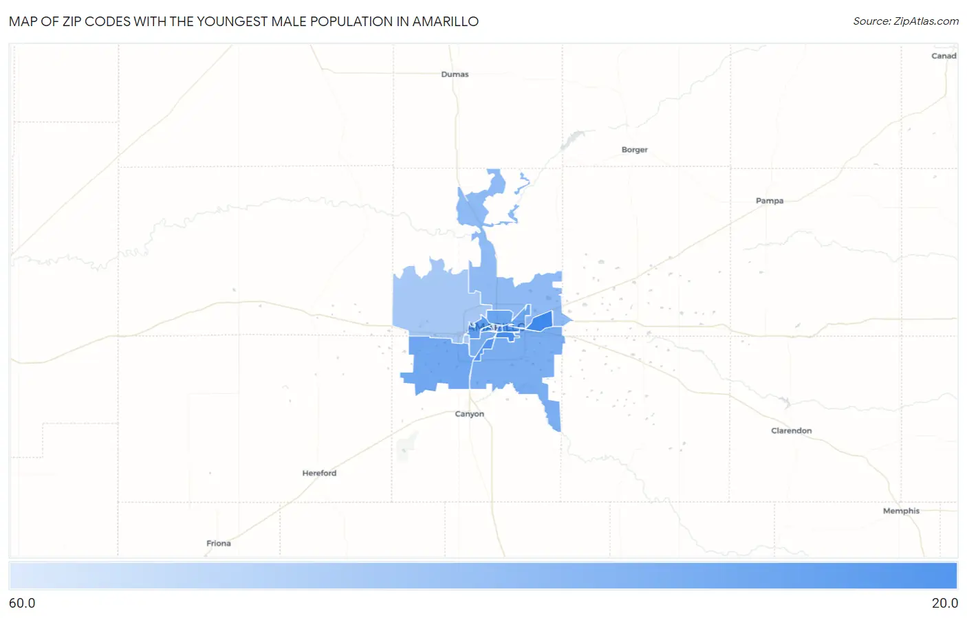 Zip Codes with the Youngest Male Population in Amarillo Map