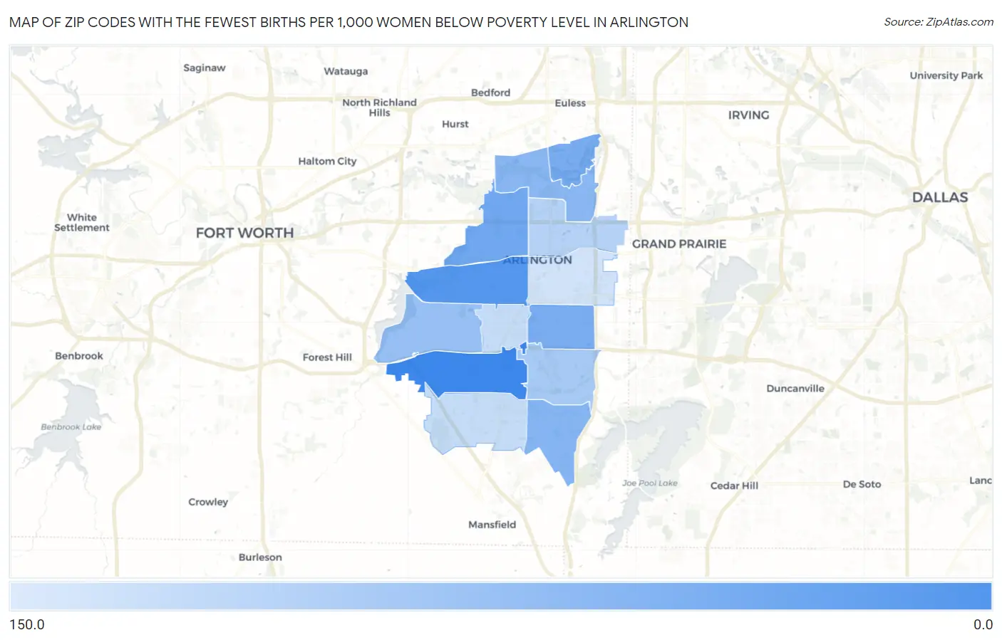 Zip Codes with the Fewest Births per 1,000 Women Below Poverty Level in Arlington Map