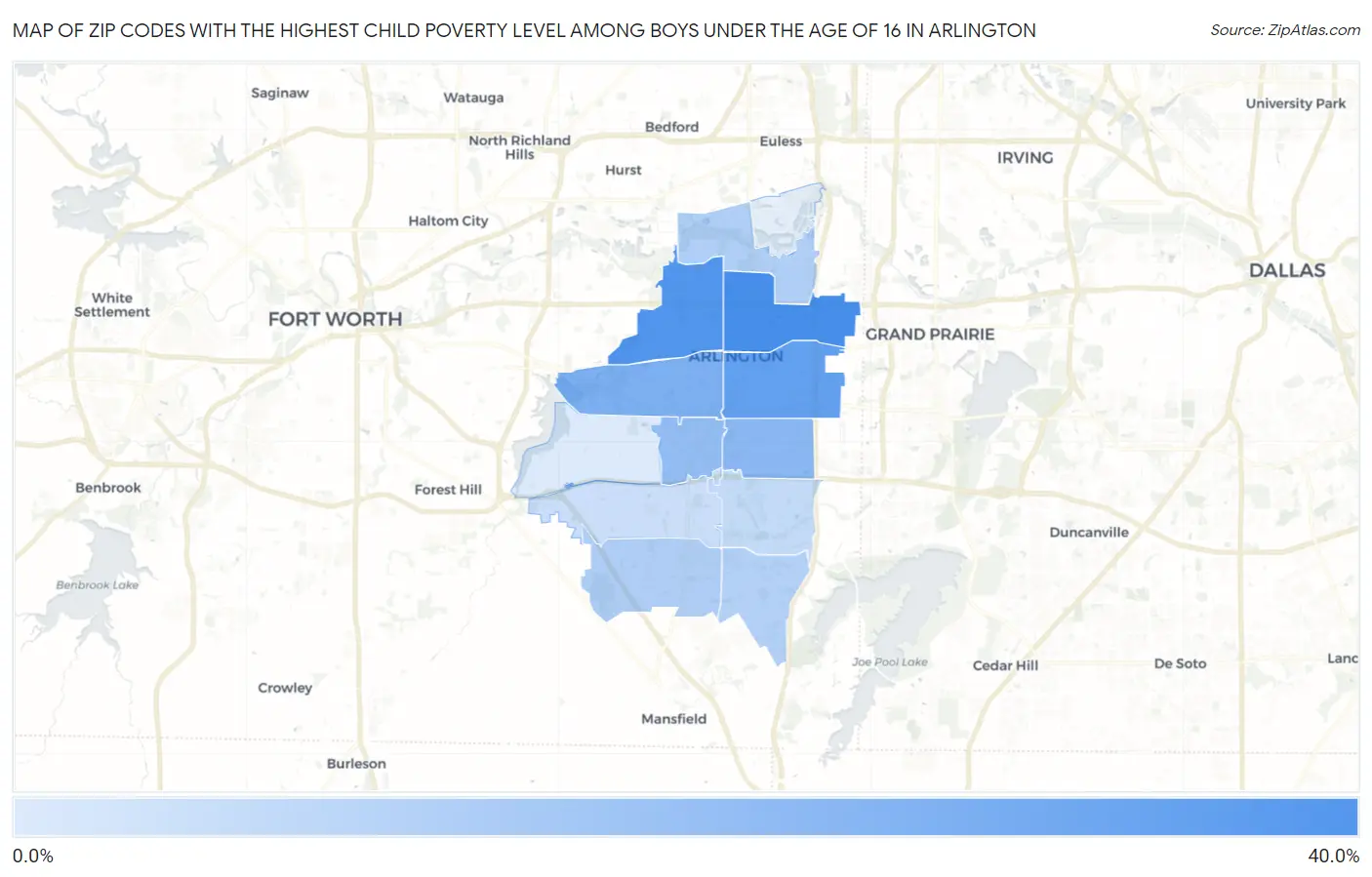 Zip Codes with the Highest Child Poverty Level Among Boys Under the Age of 16 in Arlington Map