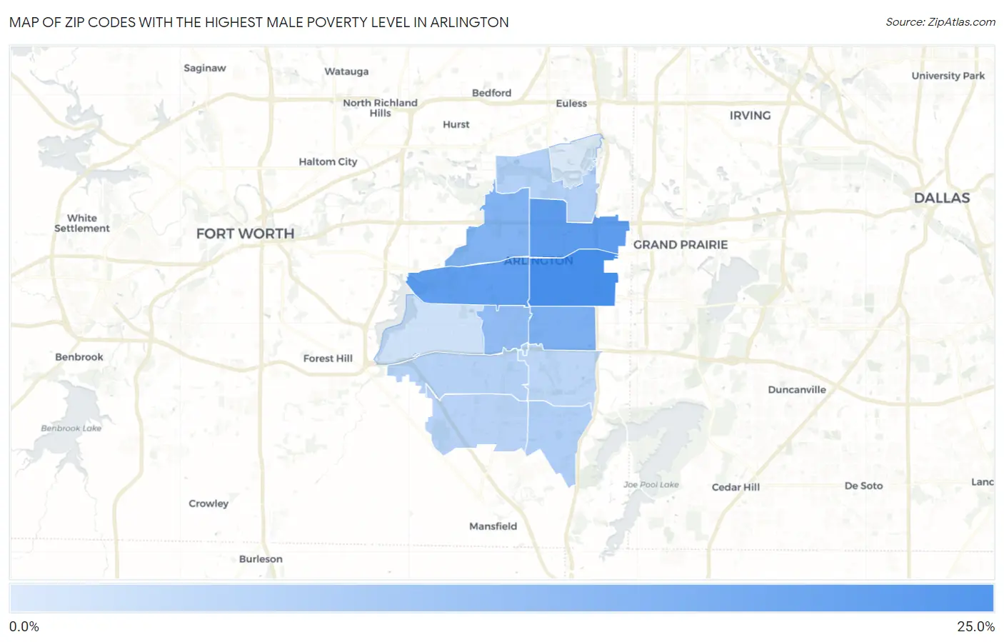 Zip Codes with the Highest Male Poverty Level in Arlington Map