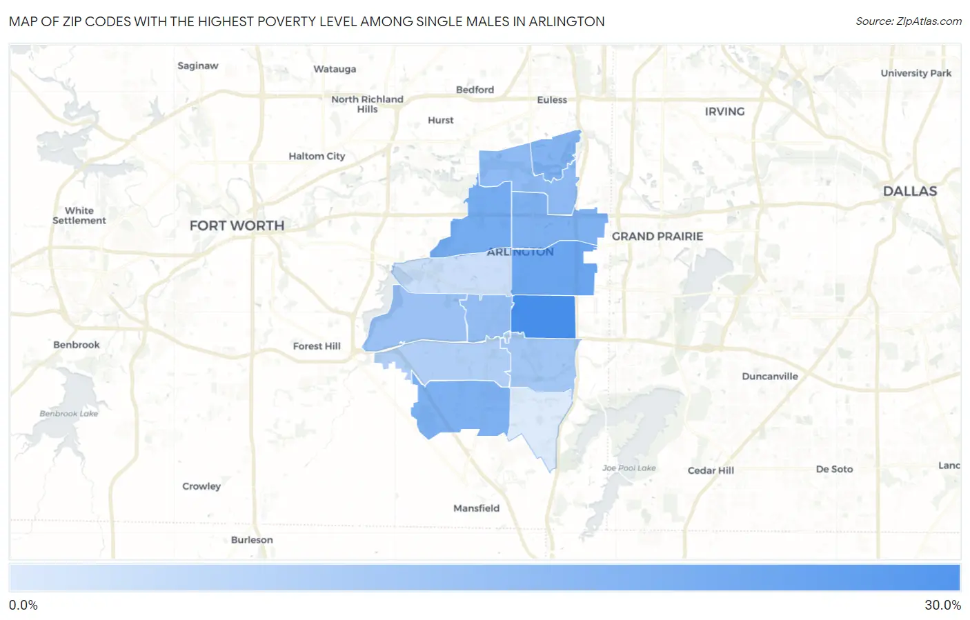 Zip Codes with the Highest Poverty Level Among Single Males in Arlington Map
