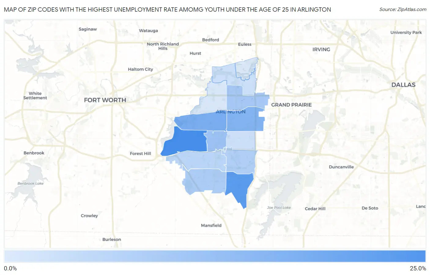 Zip Codes with the Highest Unemployment Rate Amomg Youth Under the Age of 25 in Arlington Map