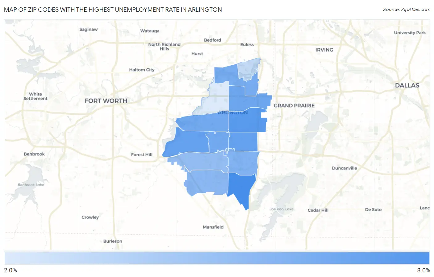 Zip Codes with the Highest Unemployment Rate in Arlington Map