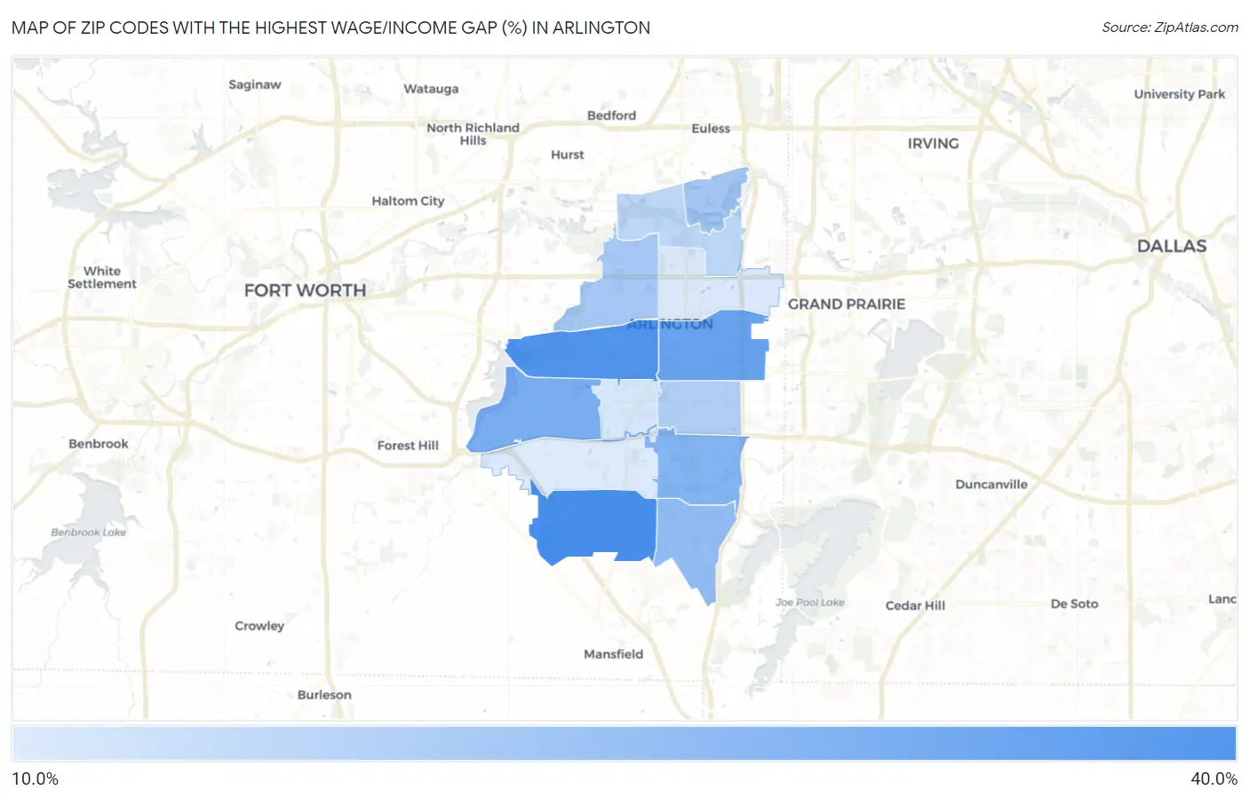 Zip Codes with the Highest Wage/Income Gap (%) in Arlington Map