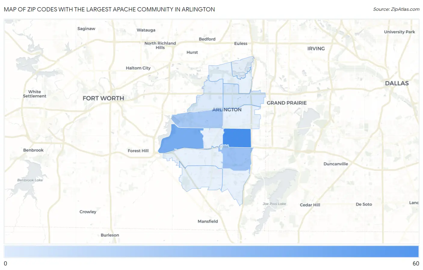 Zip Codes with the Largest Apache Community in Arlington Map