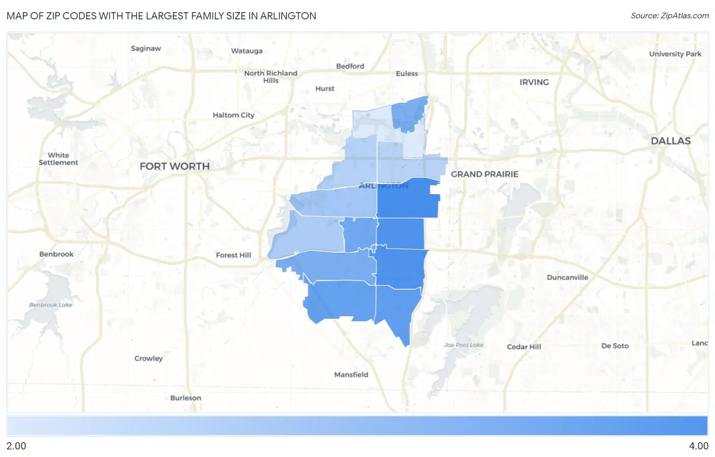 Zip Codes with the Largest Family Size in Arlington Map