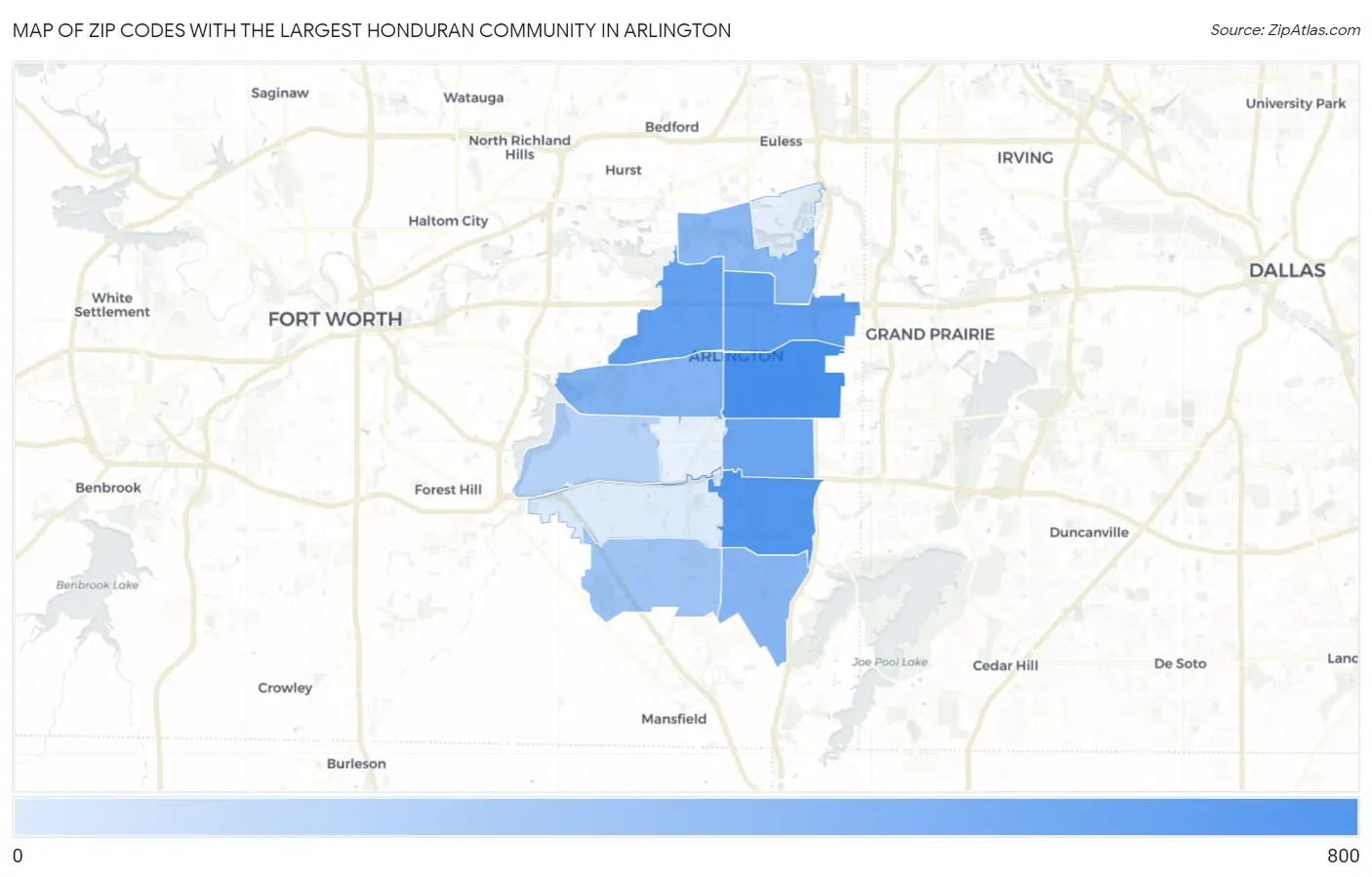 Zip Codes with the Largest Honduran Community in Arlington Map