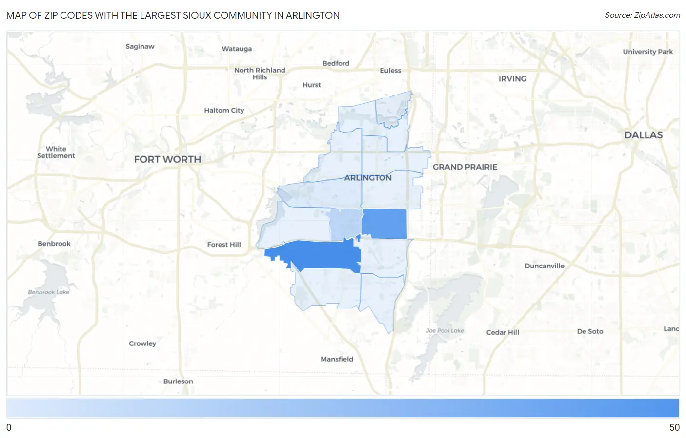 Zip Codes with the Largest Sioux Community in Arlington Map