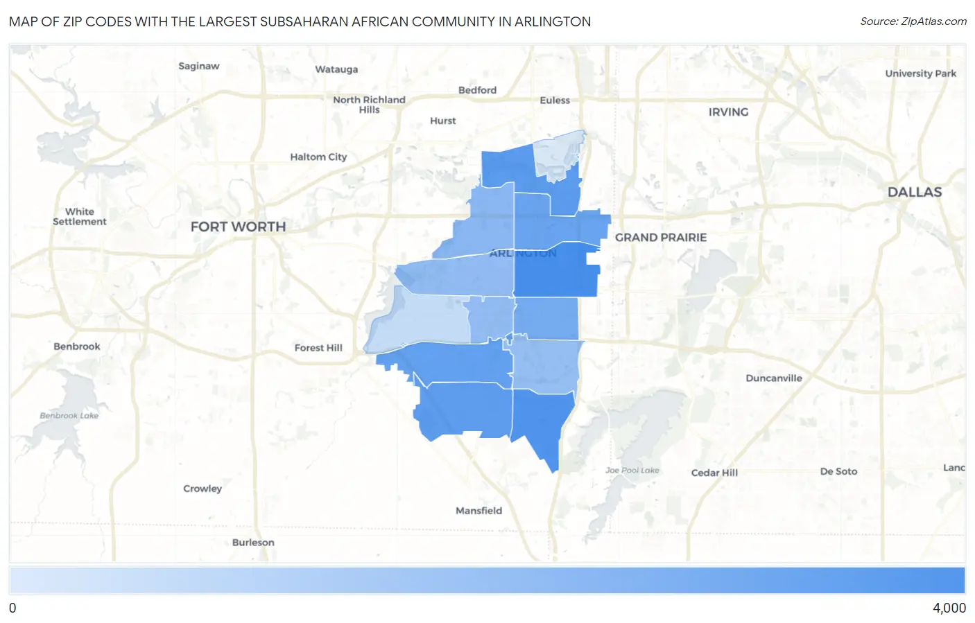 Zip Codes with the Largest Subsaharan African Community in Arlington Map