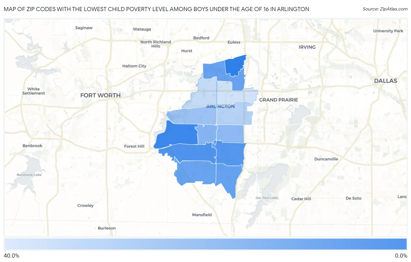 Zip Codes with the Lowest Child Poverty Level Among Boys Under the Age of 16 in Arlington Map