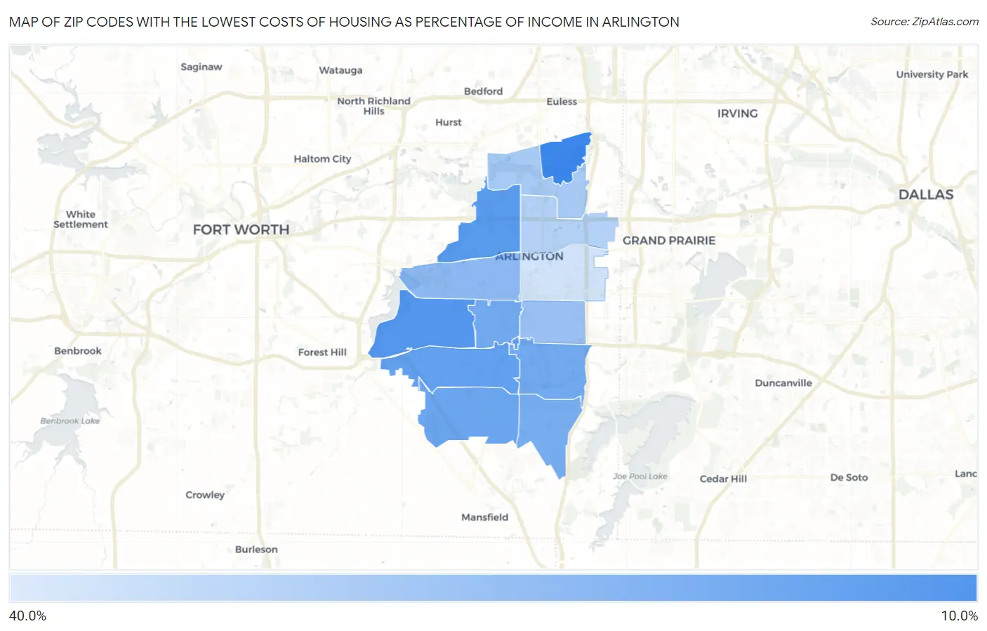 Zip Codes with the Lowest Costs of Housing as Percentage of Income in Arlington Map