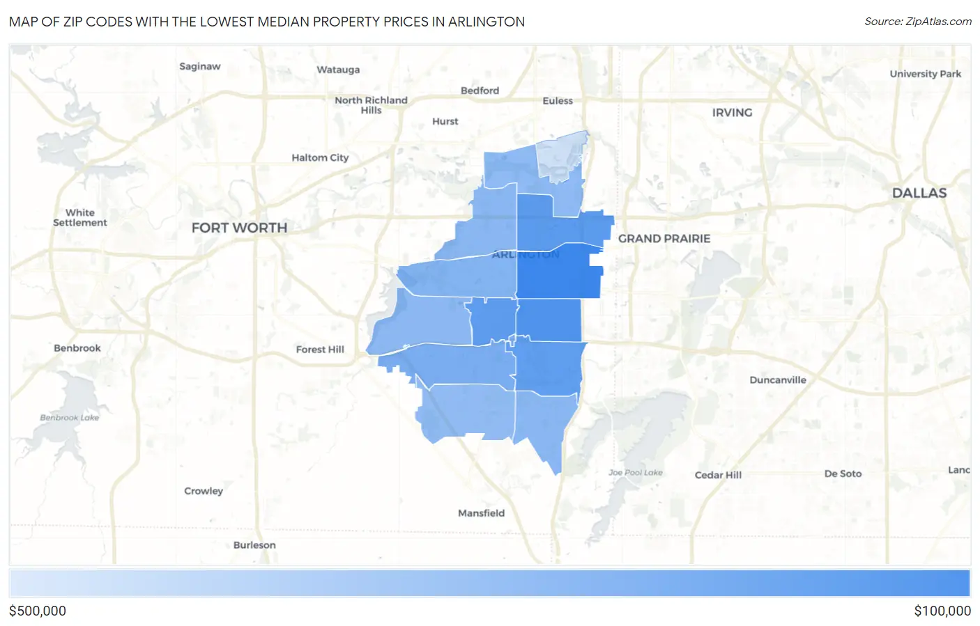 Zip Codes with the Lowest Median Property Prices in Arlington Map