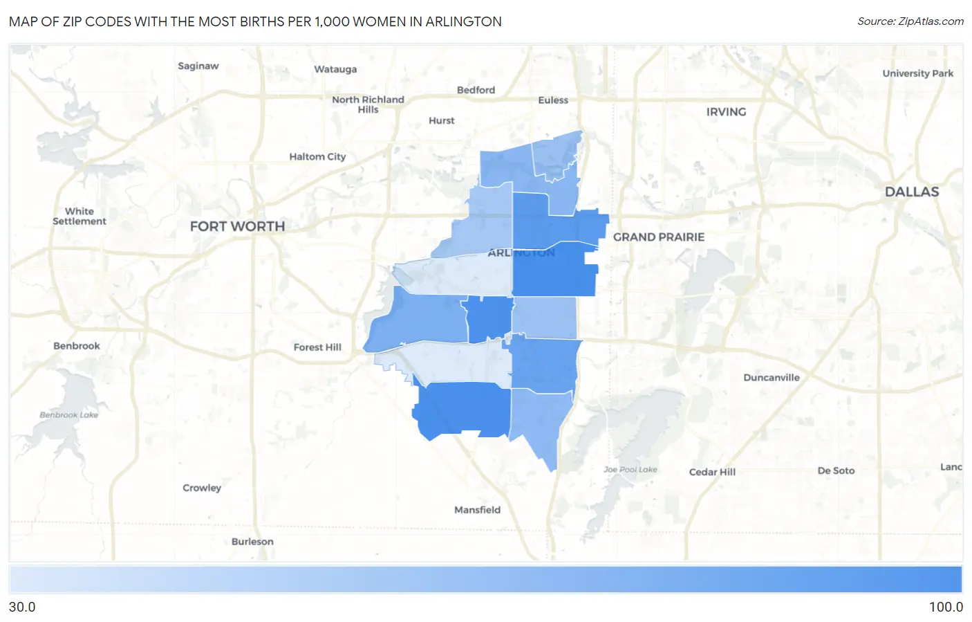 Zip Codes with the Most Births per 1,000 Women in Arlington Map