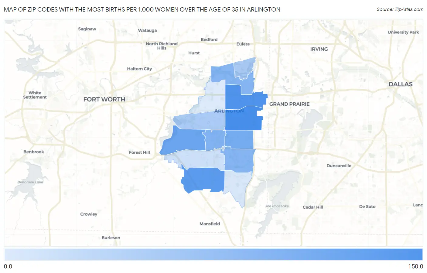 Zip Codes with the Most Births per 1,000 Women Over the Age of 35 in Arlington Map