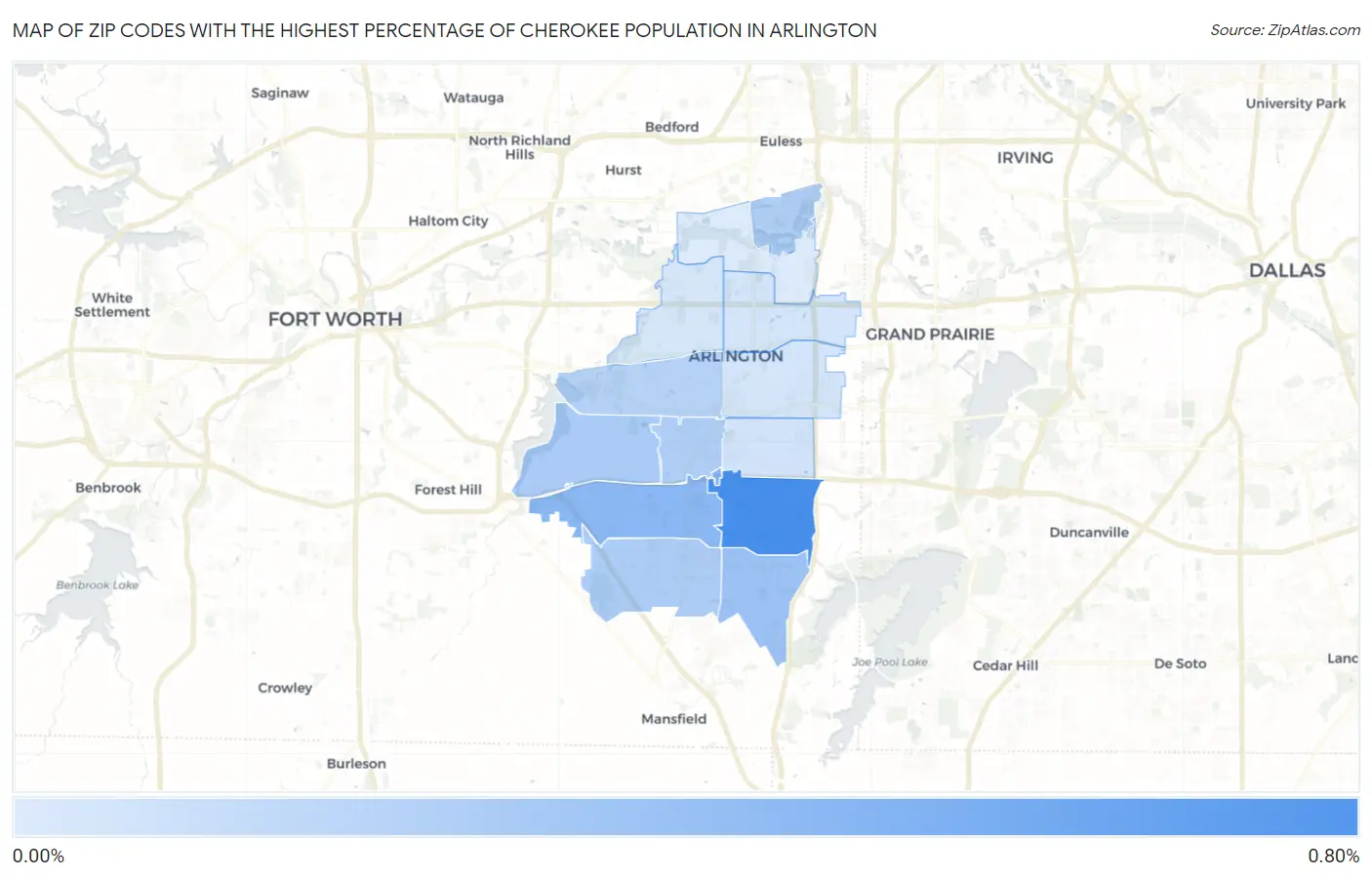 Zip Codes with the Highest Percentage of Cherokee Population in Arlington Map