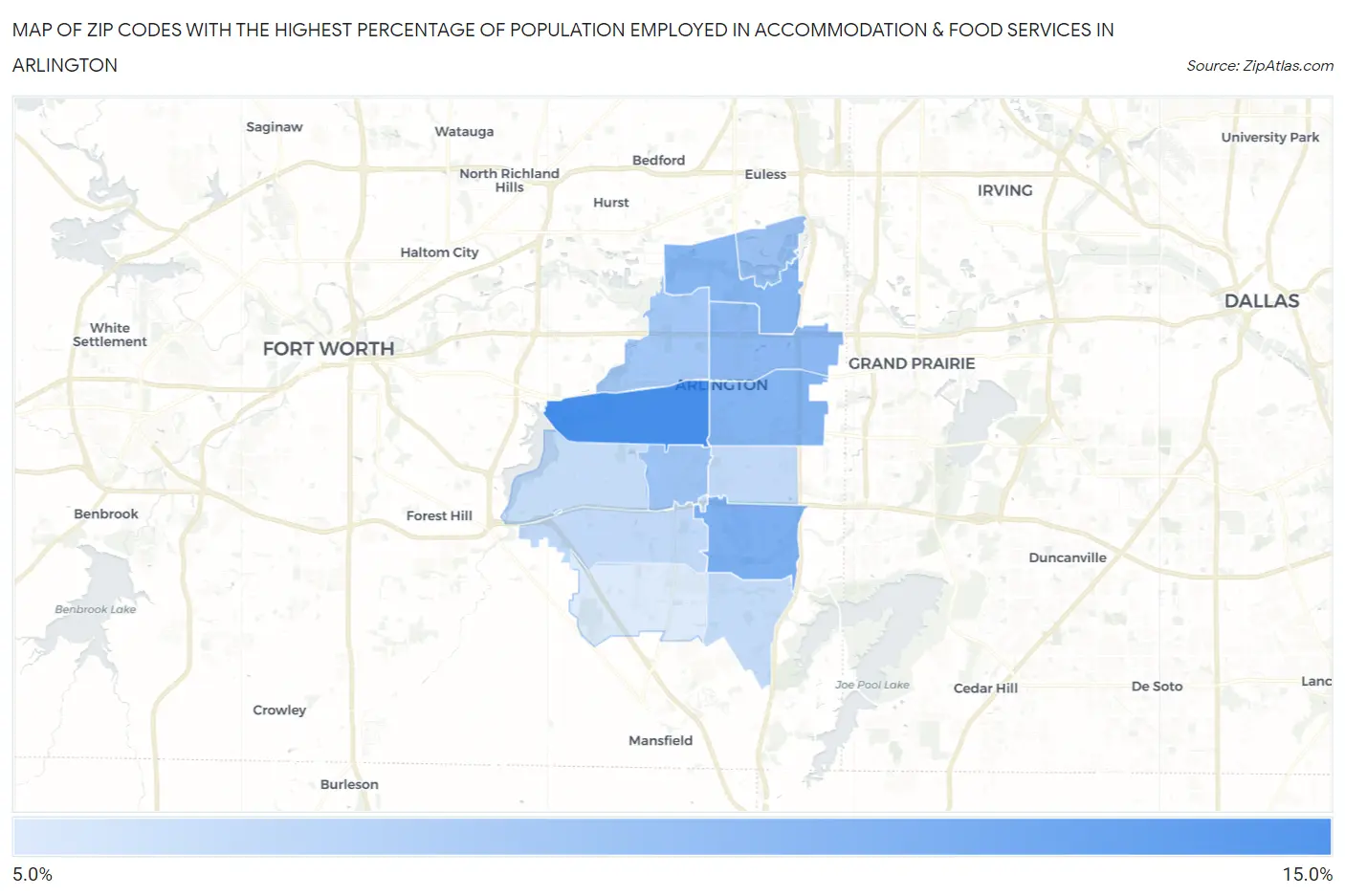 Zip Codes with the Highest Percentage of Population Employed in Accommodation & Food Services in Arlington Map