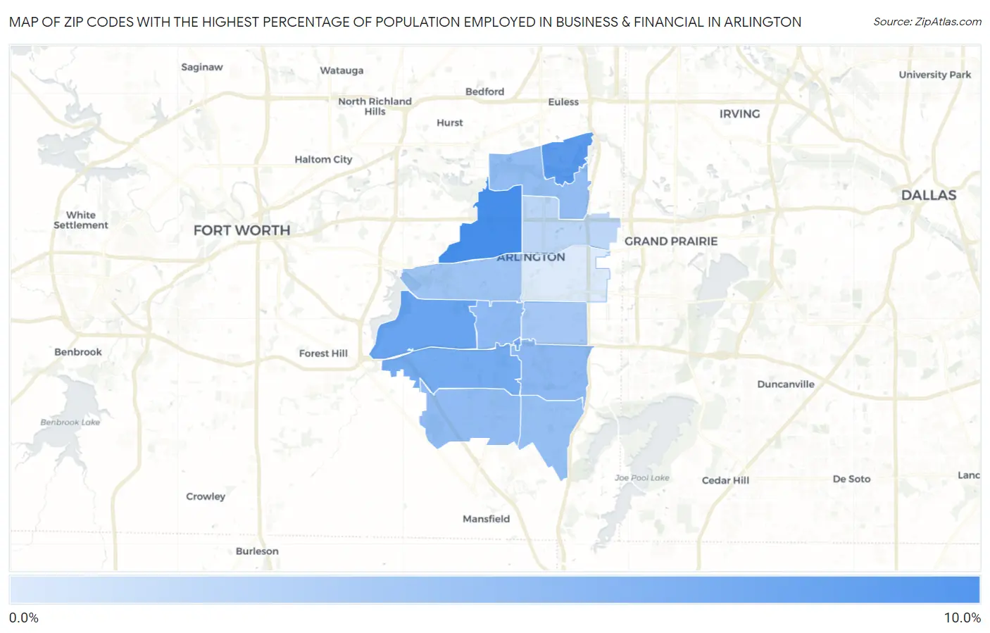 Zip Codes with the Highest Percentage of Population Employed in Business & Financial in Arlington Map