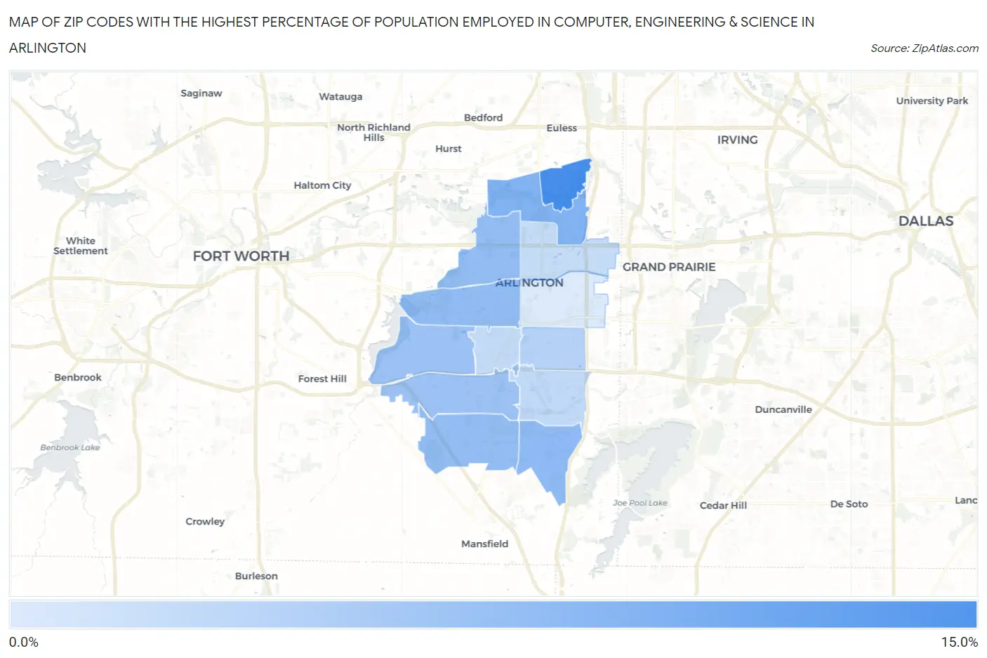 Zip Codes with the Highest Percentage of Population Employed in Computer, Engineering & Science in Arlington Map