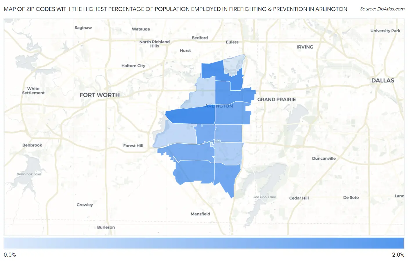 Zip Codes with the Highest Percentage of Population Employed in Firefighting & Prevention in Arlington Map