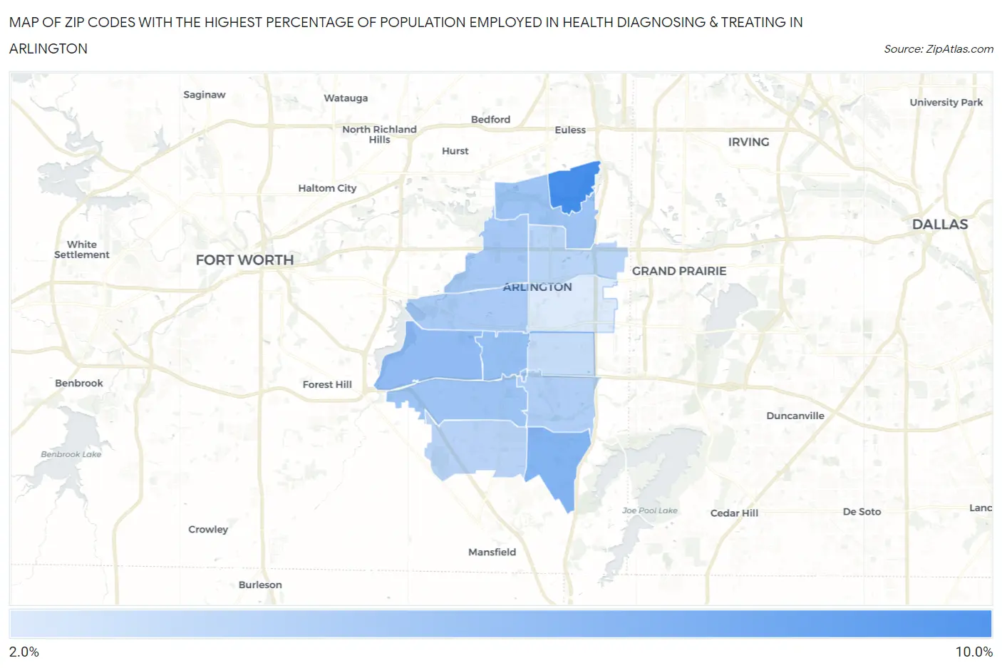 Zip Codes with the Highest Percentage of Population Employed in Health Diagnosing & Treating in Arlington Map