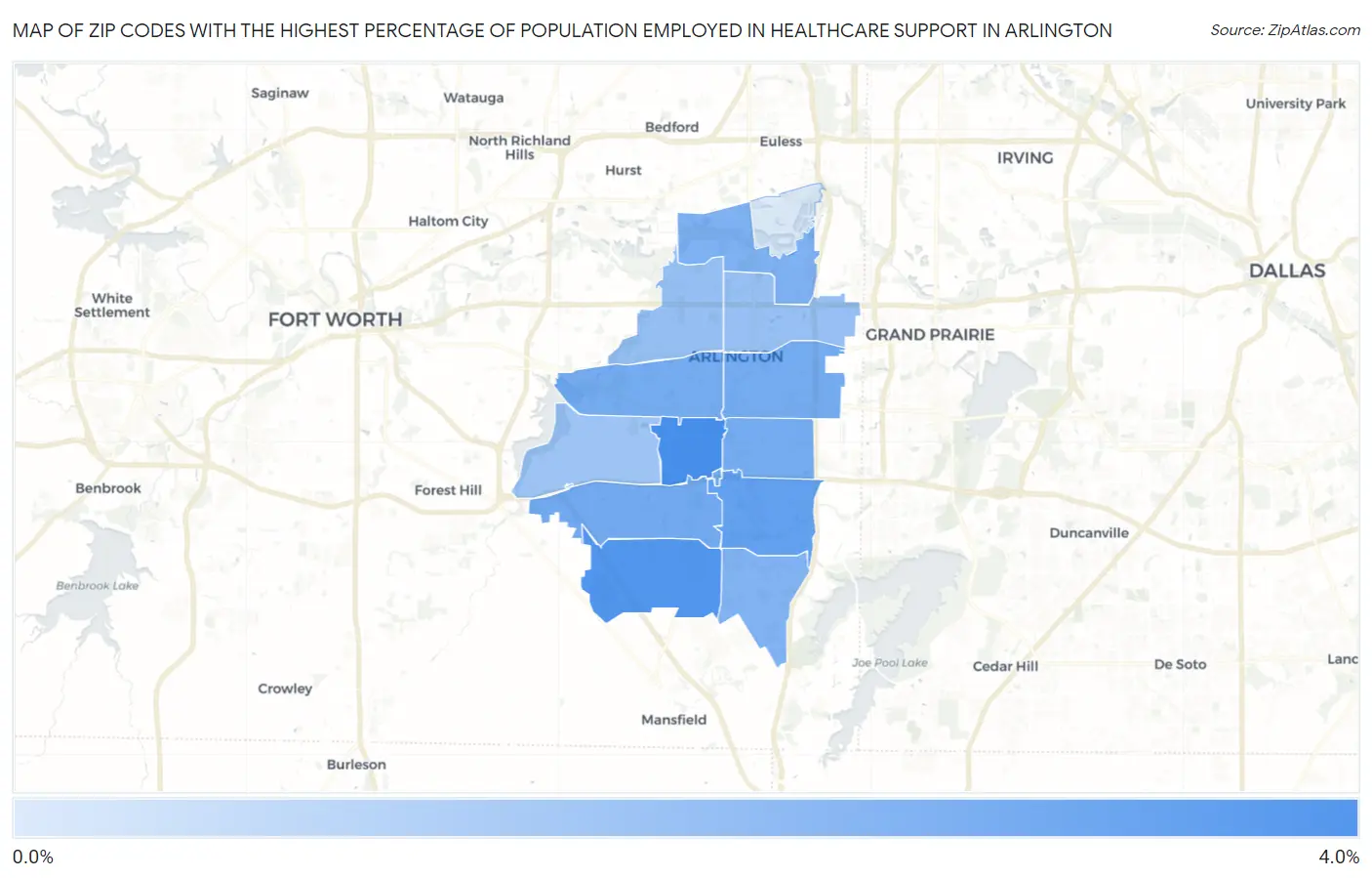 Zip Codes with the Highest Percentage of Population Employed in Healthcare Support in Arlington Map